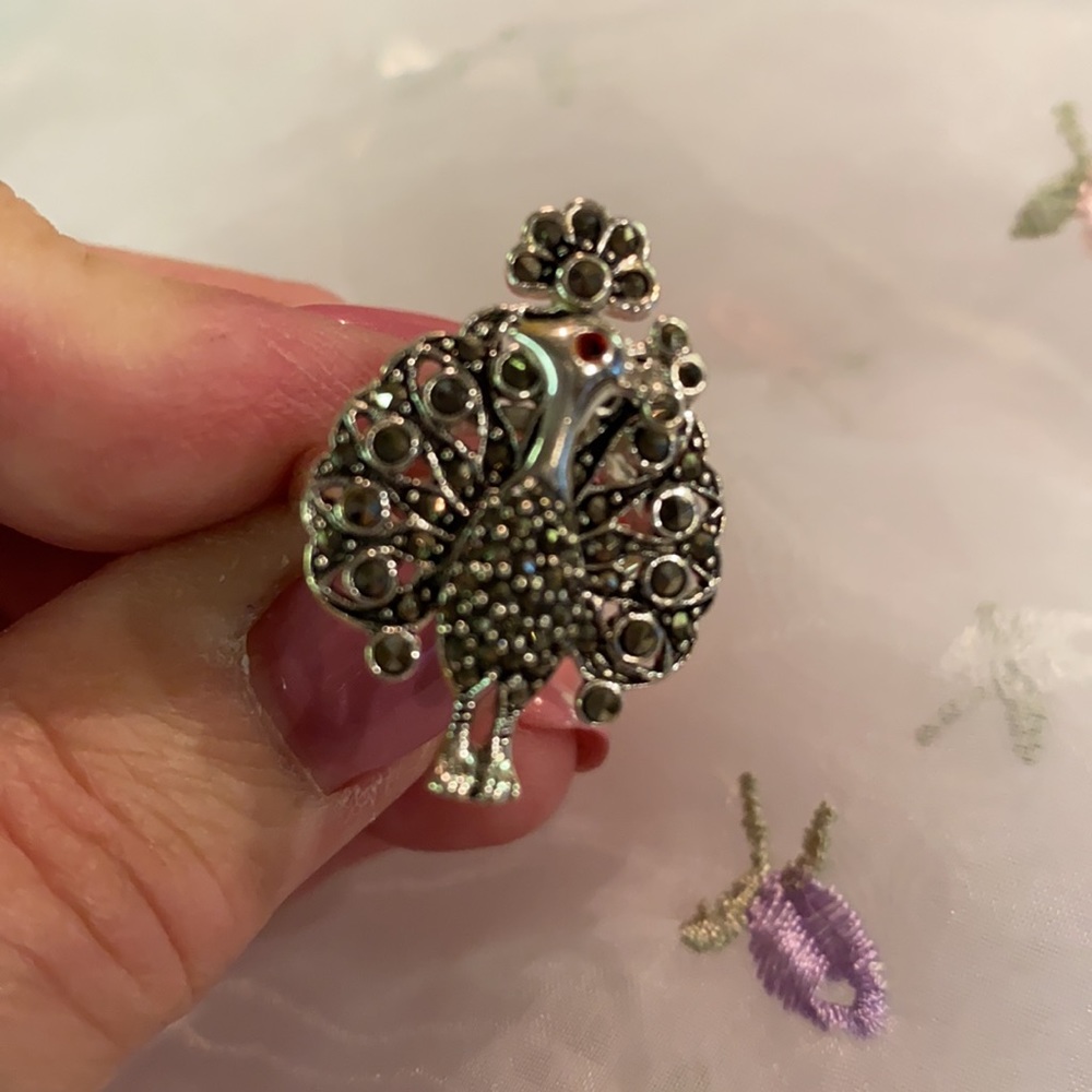 Sterling Silver Marcasite Ruby Peacock Ring - image 5
